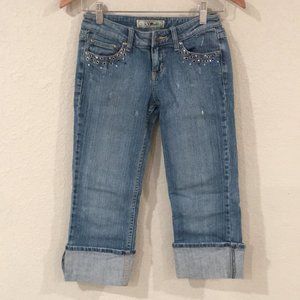YMI Women's Sz 1 Juniors Rhinestones Embroidered Distressed Capri Jeans Stretch